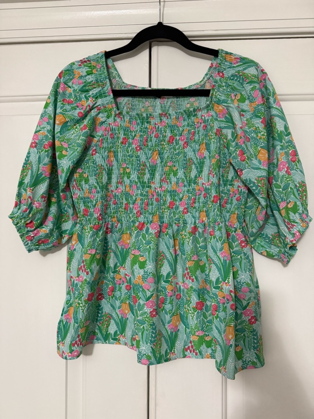 Smocked Square-Neck Floral Peasant Blouse - Green